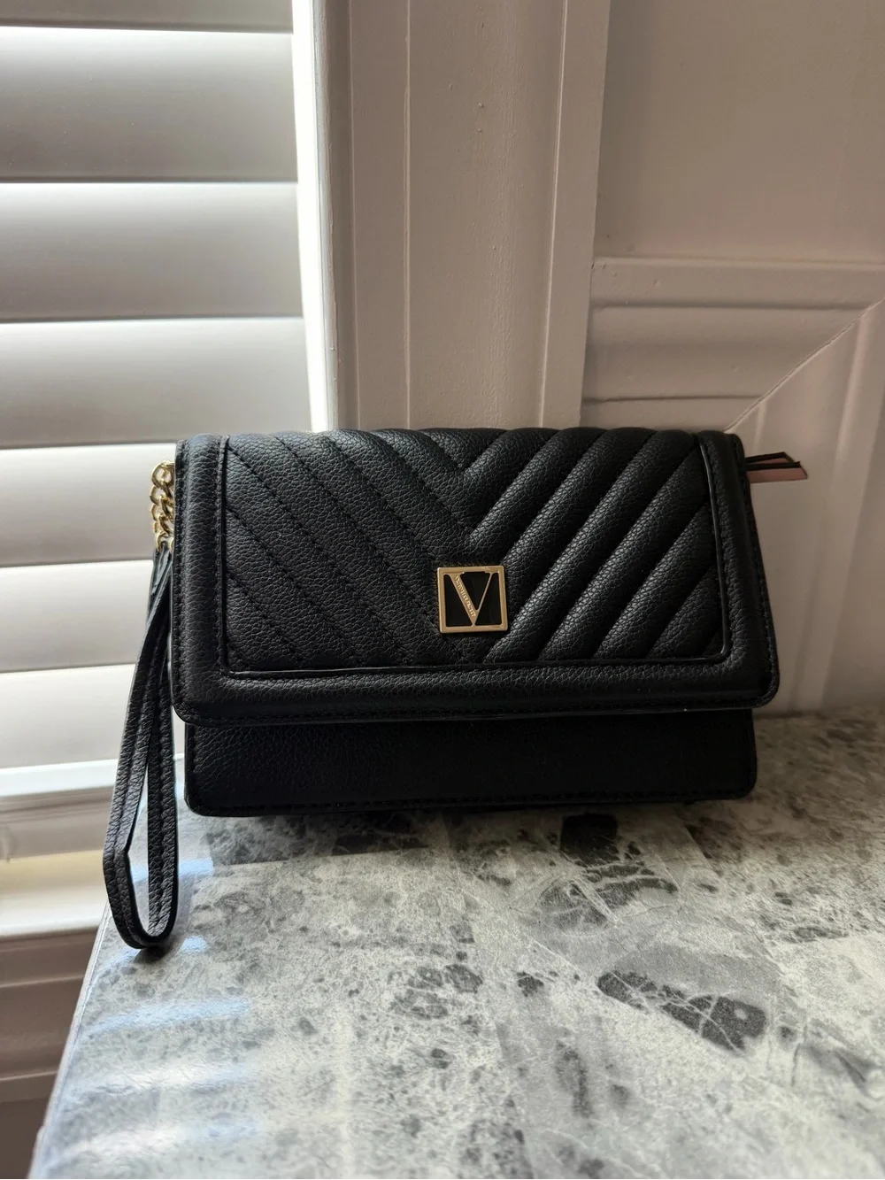 Victoria's Secret Black Quilted Wristlet Clutch with Gold V Accent